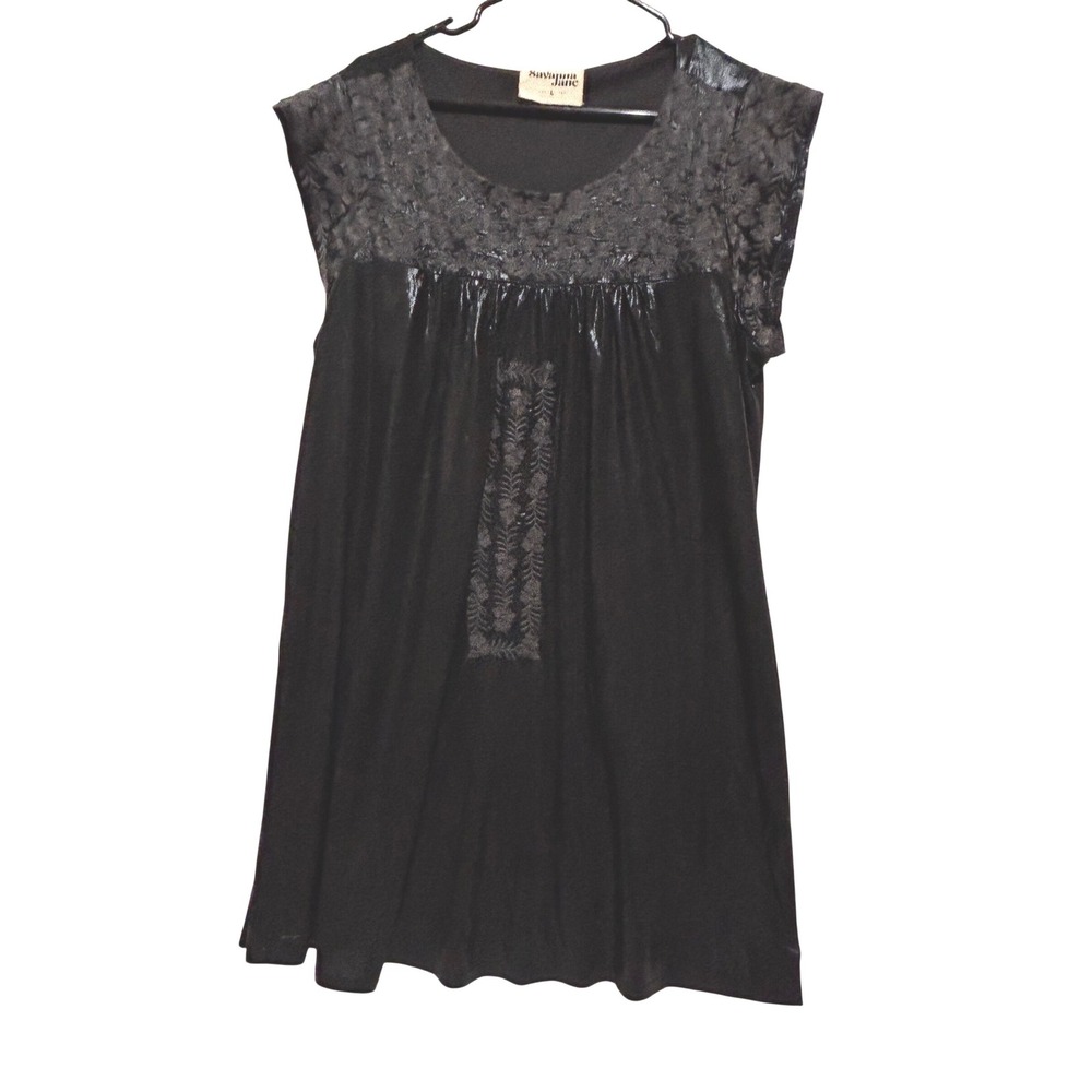 Savanna Jane sz L Black Iridescent Embroidered tunic dress Boho Dark Fairy